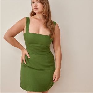 Reformation Brigitte Dress in Moss – Size 2 | 100% Linen, Square Neckline, Smock